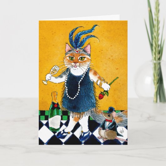 Niedliche Katzenmaus Flapper Art Deco zum Geburtst Karte (Vorderseite)