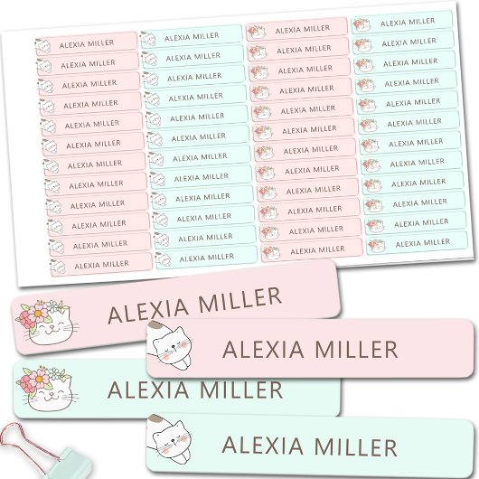 Niedliche Katzenpink Blue Girl School Labels Etiketten