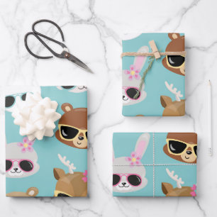 Niedliche Kawaii Animals Sonnenbrille in Blau Geschenkpapier Set
