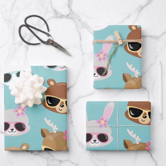 Niedliche Kawaii Animals Sonnenbrille in Blau Geschenkpapier Set (Vorderseite)