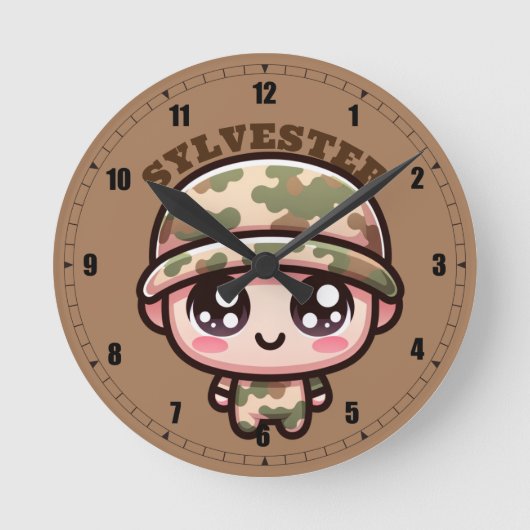 Niedliche Kawaii Army Camouflage Monogram auf Brow Runde Wanduhr (Vorderseite)