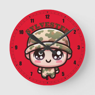 Niedliche Kawaii Army Camouflage Monogram auf Red  Runde Wanduhr