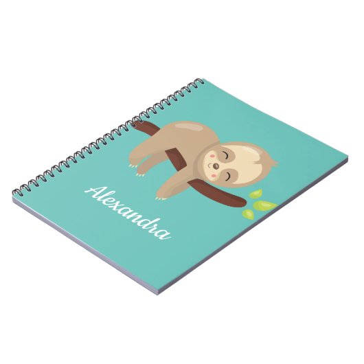 Niedliche Kawaii Baby Sloth In Tree auf Aquamarine Notizblock (Linke Seite)