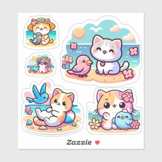 Niedliche Kawaii Beach Cat Custom-Cut Vinyl Sticke Aufkleber (Blatt)