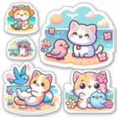 Niedliche Kawaii Beach Cat Custom-Cut Vinyl Sticke Aufkleber (Vorderseite)