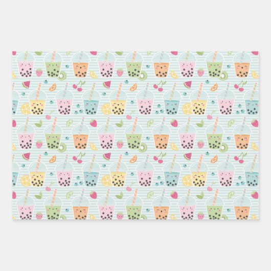 Niedliche Kawaii Bubble Teepastellmuster Geschenkpapier Set (Vorderseite)
