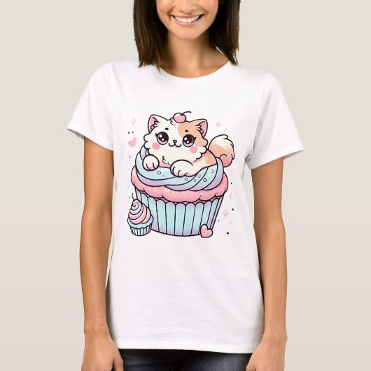 Niedliche Kawaii Cat Cupcake Soft Cotton T-Shirt (Vorderseite)