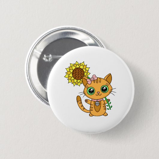 Niedliche Kawaii Cat Holding-Blume Button (Vorne & Hinten)