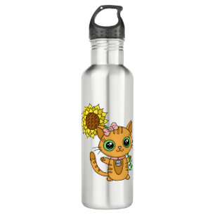 Niedliche Kawaii Cat Holding-Blume Edelstahlflasche