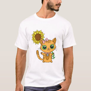 Niedliche Kawaii Cat Holding-Blume T-Shirt
