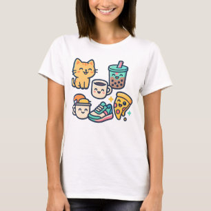 Niedliche Kawaii Cat, Pizza, Bubble Tee & Kaffee -