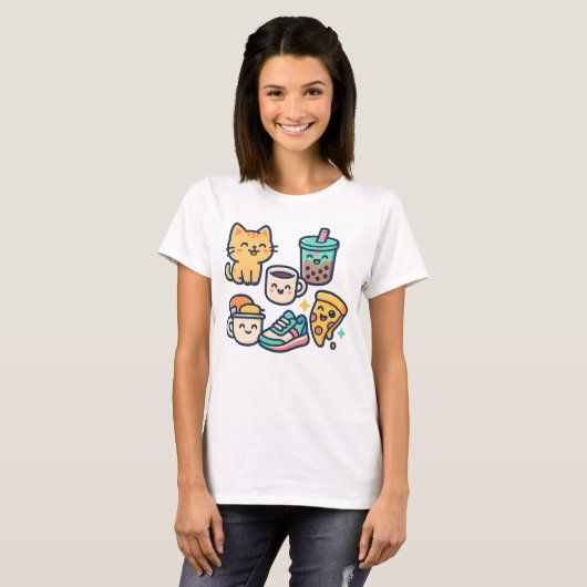 Niedliche Kawaii Cat, Pizza, Bubble Tee & Kaffee - (Vorne ganz)