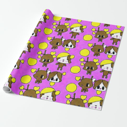 NIEDLICHE KAWAII-CHIBI-MOOSE-PINK-MALERIE GESCHENKPAPIER (Ungerollt)