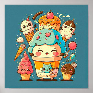Niedliche Kawaii Eis Cartoon Vektorgrafik. Poster