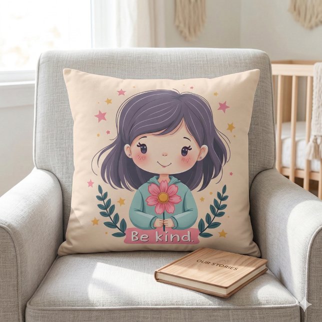 Niedliche Kawaii-Illustration "Be Kind" - Großarti Kissen (Cute Kawaii Be Kind Illustration Throw Pillow Mockup A)
