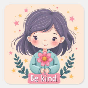 Niedliche Kawaii-Illustration "Be Kind" - Großarti Quadratischer Aufkleber
