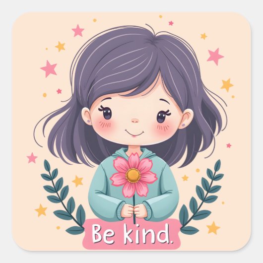 Niedliche Kawaii-Illustration "Be Kind" - Großarti Quadratischer Aufkleber (Vorderseite)