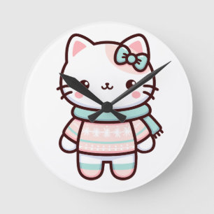 Niedliche Kawaii-Katze im Sweater Runde Wanduhr