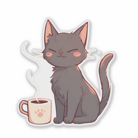 Niedliche Kawaii-Katze mit Kaffee-Cup Aufkleber (Vorderseite)
