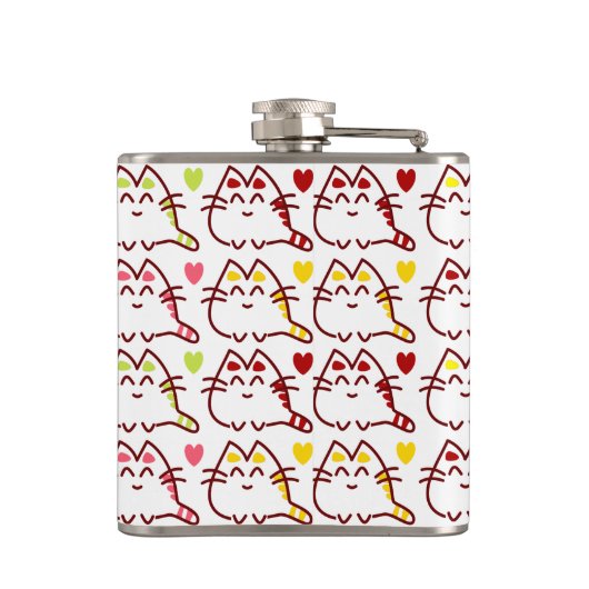 Niedliche Kawaii-Katzen und Herzmuster Flachmann (Rückseite)