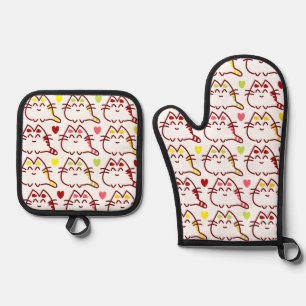 Niedliche Kawaii-Katzen und Herzmuster Ofenhandschuh & Topflappen-Set