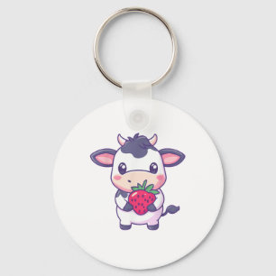 Niedliche Kawaii-Kuh mit Erdbeeren Adortable Rinde Schlüsselanhänger