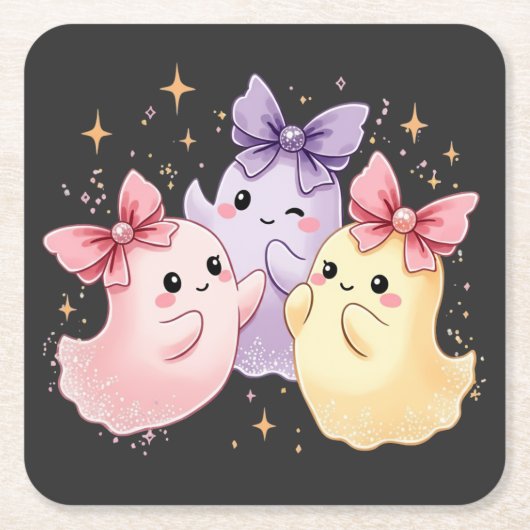 Niedliche Kawaii Pastel Ghosts mit Funkelnd Bögen Rechteckiger Pappuntersetzer (Vorderseite)