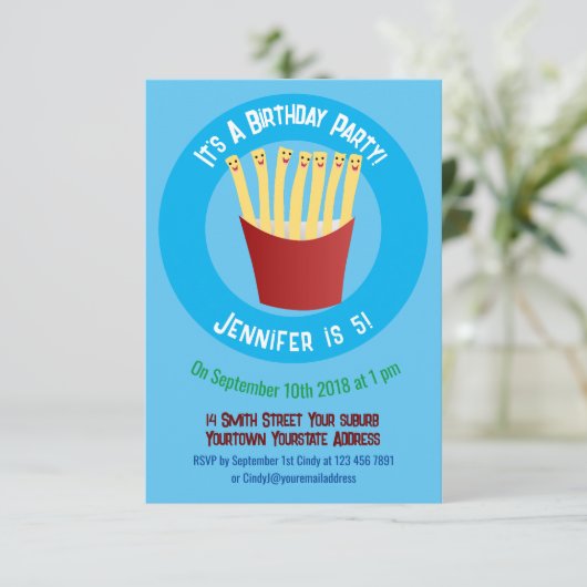 Niedliche Kawaii Pommes Fastfood Cartoon Einladung (Stehend Vorderseite)