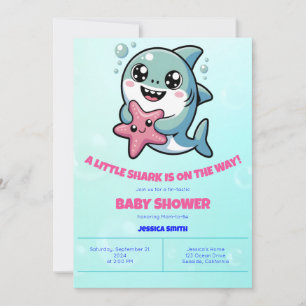 Niedliche Kawaii Shark & Starfish Babydusche Einladung