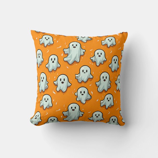 Niedliche Kawaii Style Ghosts auf Orange Kissen (Vorderseite)