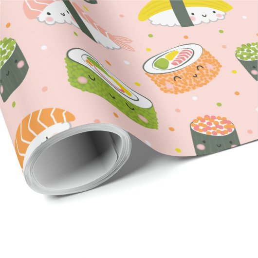 Niedliche Kawaii Sushi auf hellrosa Geschenkpapier (Rolleneckpunkt)