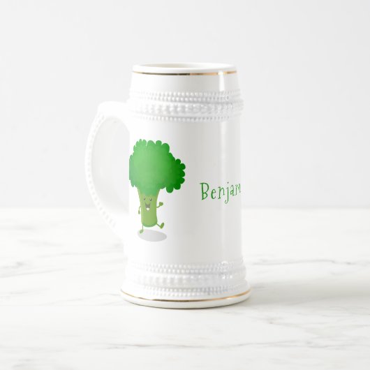 Niedliche Kawaii tanzende Broccoli Cartoon-Abbildu Bierglas (Vorderseite Links)