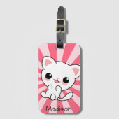 Niedliche Kawaii Weiße Katze Personalisiert Rosa Gepäckanhänger (Vorderseite Vertikal)