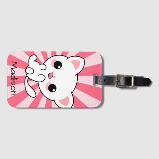 Niedliche Kawaii Weiße Katze Personalisiert Rosa Gepäckanhänger (Vorderseite (Horizontal))