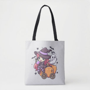 Niedliche Kid Hexe sitzend auf einem Kürbisauto Tasche