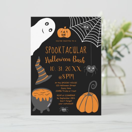 Niedliche Kids orange Halloween Illustrations Part Einladung (Stehend Vorderseite)