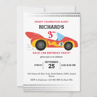 Niedliche Kids Race Car Thema farbenfrohe Geburtst Einladung