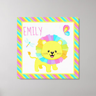 Niedliche Kids Rainbow Lion on Colorful Stripes Pa Leinwanddruck