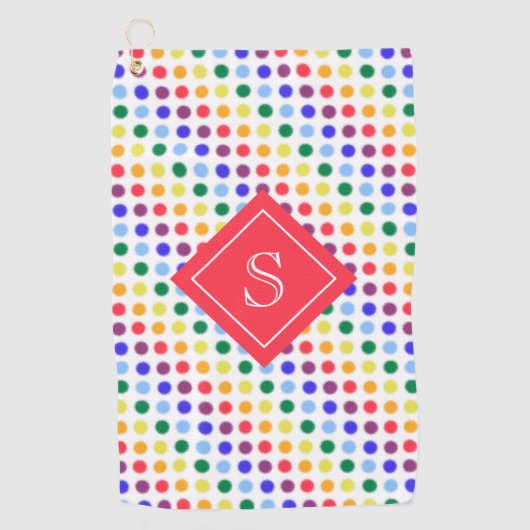 Niedliche Kids Red Rainbow Dots Monogramm Golfhandtuch (Vorderseite)