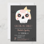 Niedliche Kids Skull Pink bow Halloween 5. Geburts Einladung (Vorderseite)