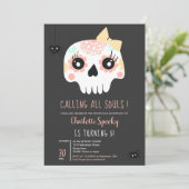Niedliche Kids Skull Pink bow Halloween 5. Geburts Einladung (Stehend Vorderseite)