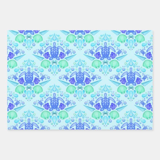 Niedliche Kids Tropical Blue Ocean Sea Turtle Geschenkpapier Set (Vorderseite)