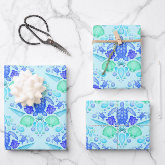 Niedliche Kids Tropical Blue Ocean Sea Turtle Geschenkpapier Set