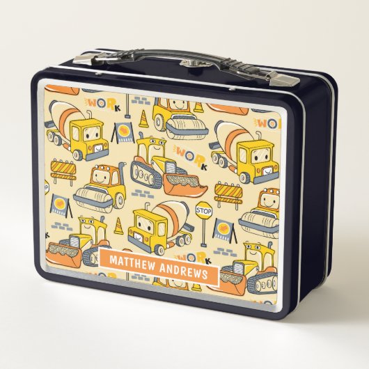 Niedliche Kinder Baufahrzeuge Personalisierte Beze Metall Brotdose (Rückseite)