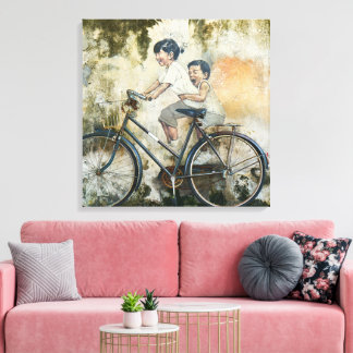 Niedliche Kinder, die mit dem Fahrrad lachen Leinwanddruck