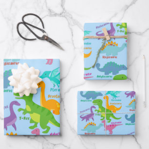 Niedliche Kinder Dinosaurier und Namen blau Geschenkpapier Set