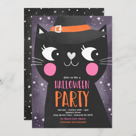 Niedliche Kinder Halloween-Party Hexen Katze Spook Einladung (Vorne/Hinten)