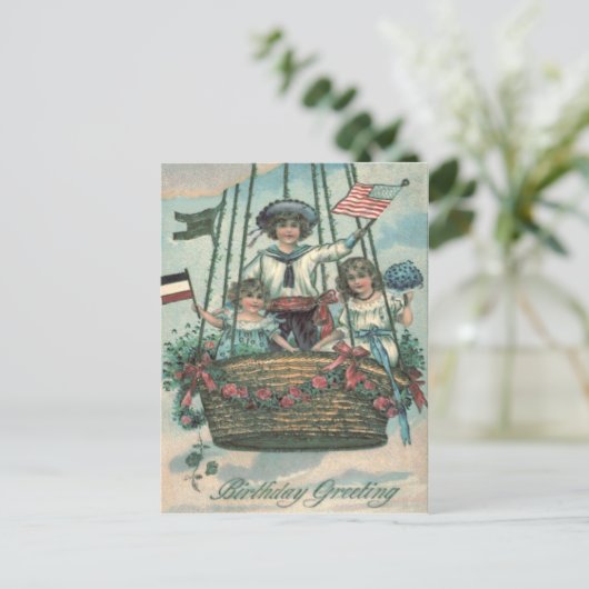 Niedliche Kinder Heißluftballon Rose Postkarte (Stehend Vorderseite)