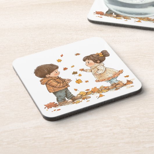 Niedliche Kinder im Herbst Getränkeuntersetzer (Linke Seite)