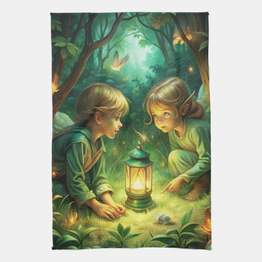 Niedliche Kinder im Wald Geschirrtuch (Vertikal)